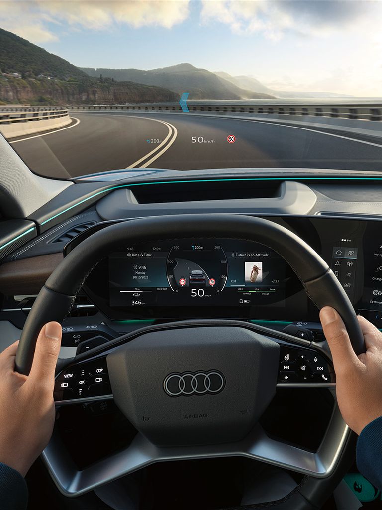 Foto del head-up display con realidad aumentada del SUV eléctrico Audi Q6 e-tron. 